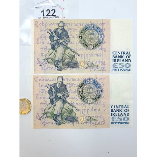 122 - Star Lot : Two £50 Irish banknotes featuring Douglas Hyde. Issued by the Central Bank of Ireland on ... 