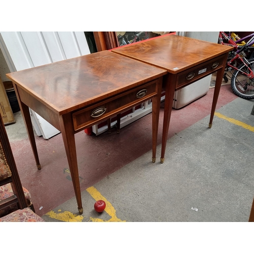 419 - Star Lot : A pair of lovely vintage side tables in a Regency style. Crafted from burled walnut with ... 