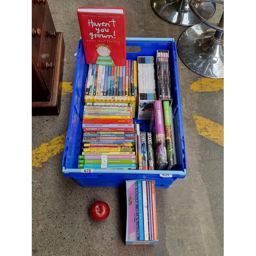 434 - A crate including a large variety of children's books such as a box set of Michael Morpurgo's novels... 