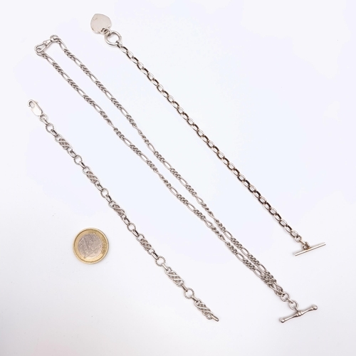 44 - A collection of three sterling silver items, which includes a lobster clasp bracelet, a T-bar clasp ... 