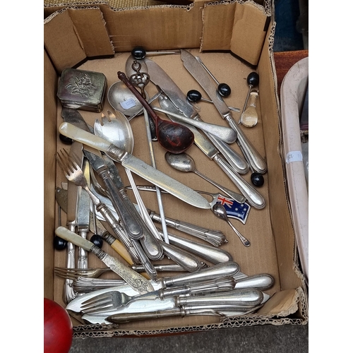 516 - A box containing a large collection of approx. 40 pieces of antique cutlery including a meat skewer,... 