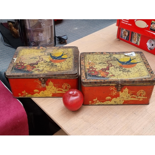 526 - Two beautiful vintage toffee tins from Blue Bird Luxury boasting a Japanese style decoration in vibr... 