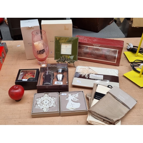 531 - Eight new items including a Pottery Barn Mariposa frame, a new set of three Marquis by Waterford Chr... 