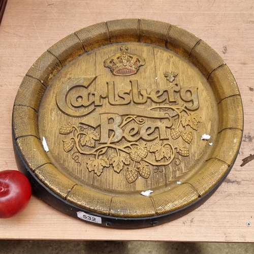 532 - An original vintage Carlsberg wall advertising plaque in the form of a barrel top crafted from fiber... 