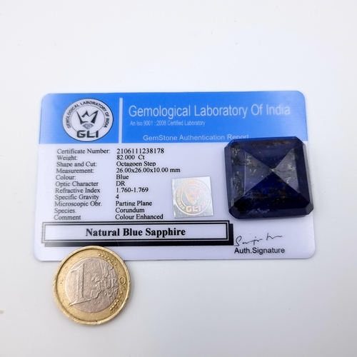 563 - A fine example of a certified natural Blue Sapphire stone, of octagon step cut and a weight of 82 ca... 