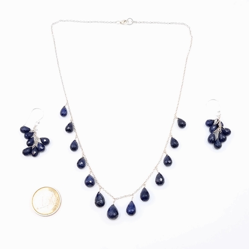 566 - Star lot : A  beautiful suite of Blue Sapphire jewellery, comprising of a necklace with drop accents... 