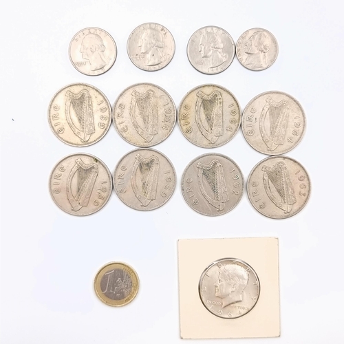 598 - A collection of eight Irish half crowns, together with a mint 1964 Silver  Kennedy half dollar. And ... 