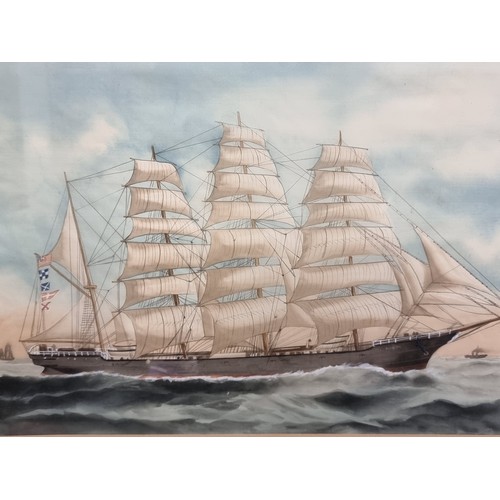 368 - A large antique  painting on silk of a Carrick four masted longship called Howth sailing on stormy s... 