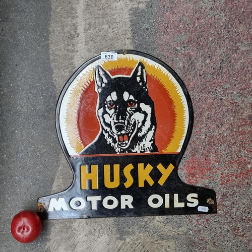 630 - Star lot : A heavy vintage and hand painted enameled metal wall sign advertising Husky Motor Oils. 
... 