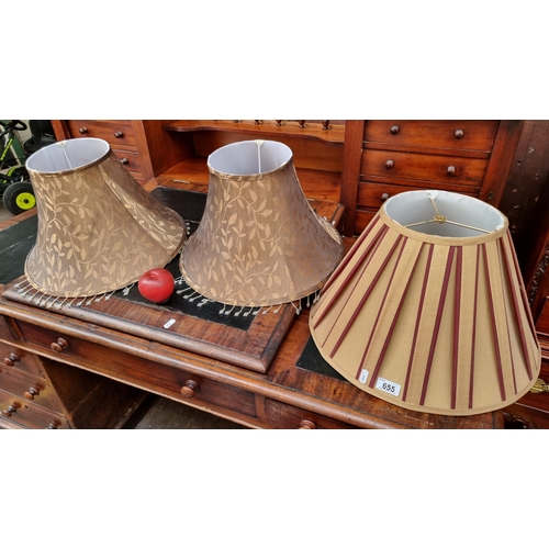 655 - Three elegant lamp shades, two with tear drop beading in a foliate damask fabric, along with a pleat... 