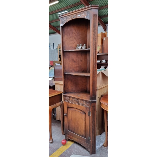 664 - A wonderful vintage wooden cornet cabinet with two shelves to top and cupboard to base revealing sin... 