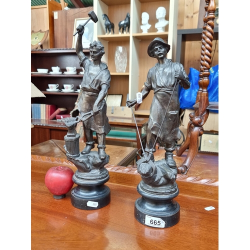 665 - A pair of antique cast metal bronze toned figurative mantel sculptures, both depicting blacksmiths a... 