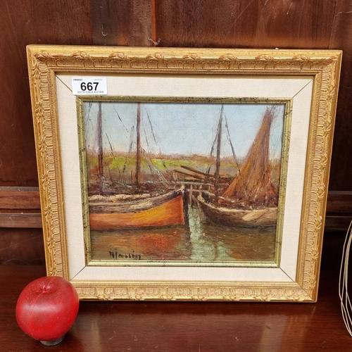 667 - A lovely original oil on board painting featuring a view of fishing boats docked at the harbour rend... 