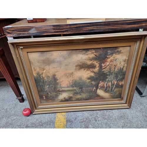 672 - A large and enchanting antique original oil on canvas painting featuring a landscape scene of a mean... 