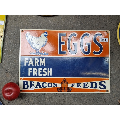 684 - A wonderful vintage heavy enameled metal sign advertising Beacon Feeds - Farm Fresh Eggs and hand pa... 