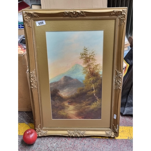 699 - A lovely victorian  original oil on board painting featuring a landscape with blue grey mountains in... 