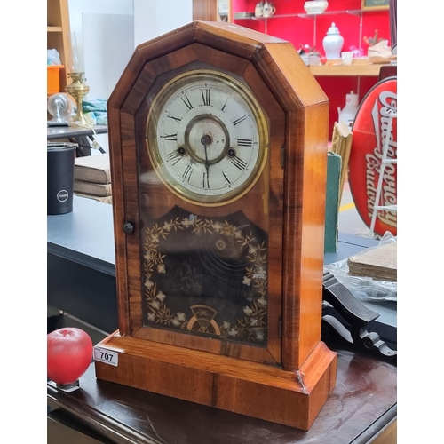 707 - A fabulous antique 19th century eight day mantel clock with enameled clock face boasting roman numer... 