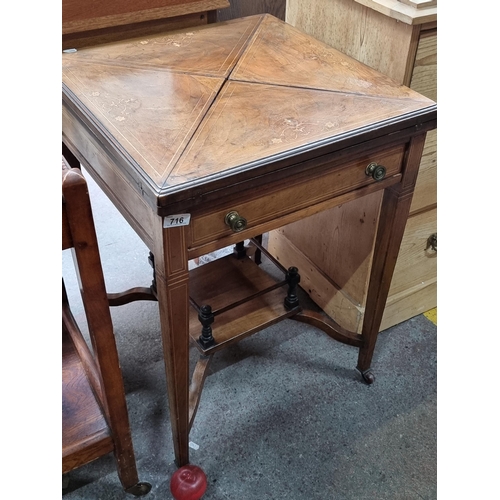 716 - Star Lot : A stunning antique Edwardian envelope  games table with unusual cross fold top which twis... 