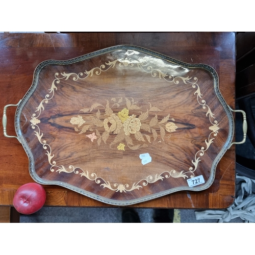 727 - A gorgeous vintage serving tray with pierced brass gallery rim, handles to side and decorated with w... 