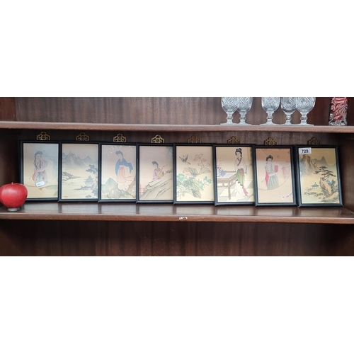 729 - A set of eight vintage neatly proportioned Chinese paintings on silk depicting female figures and ga... 