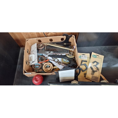 739 - A box containing a collection of approx. 30 DIY items and tools including a brass letter plate, scre... 