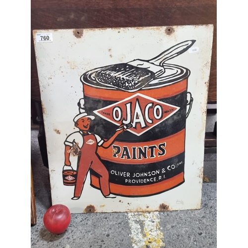 760 - Star Lot : A wonderful vintage heavy enameled advertising sign for Ojaco Paints; hand painted with a... 