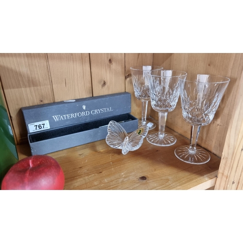 767 - Five pieces of Waterford Crystal, including a delicate vintage butterfly retaining original sticker ... 