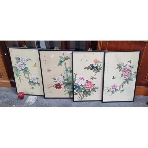 774 - Four vintage original prints on silk depicting beautiful detailed studies of flowers and insects. Ho... 