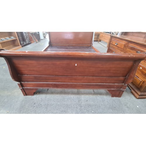 779 - Star Lot : A lovely solid oak queen size  Sleigh bed, with recessed paneling to headboard; a substan... 