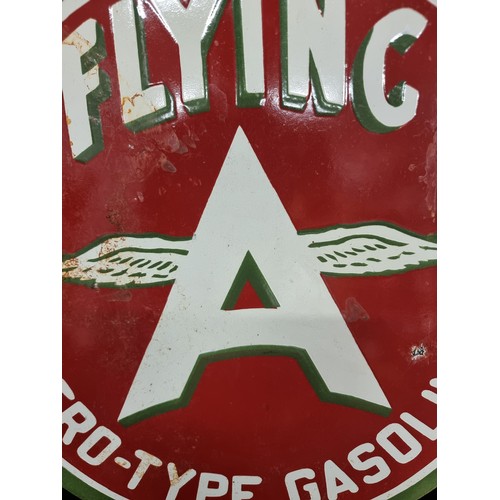 153 - A heavy vintage and hand painted enameled metal wall sign advertising Flying Aero-Type Gasoline. 
MM... 