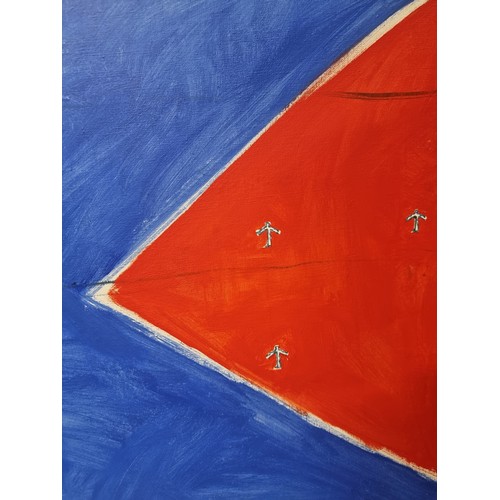 199 - A very large vintage original acrylic on canvas painting featuring an abstract composition of red tr... 