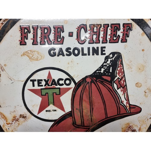 201 - Star Lot : A large heavy vintage and hand painted enameled metal circular wall sign advertising Fire... 