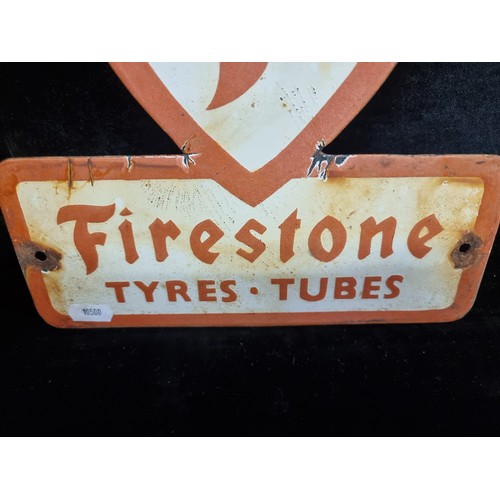 202 - A heavy vintage and hand painted enameled metal wall sign advertising Firestone Tyres and Tubes.
MM:... 