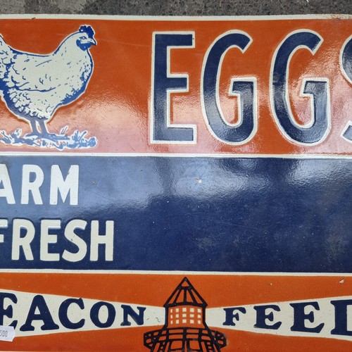 684 - A wonderful vintage heavy enameled metal sign advertising Beacon Feeds - Farm Fresh Eggs and hand pa... 