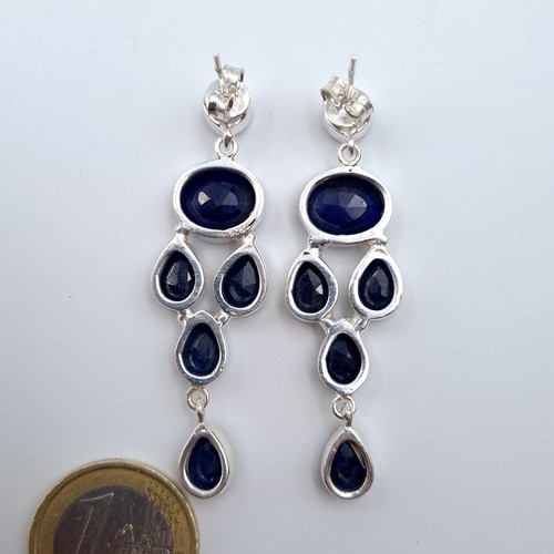 50 - A heavy and high quality Blue Sapphire graduated tear drop earrings, set in Sterling Silver. Fabulou... 