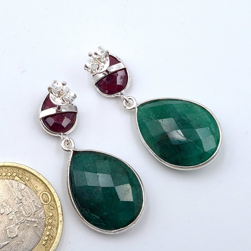 52 - Star Lot : A fine pair of natural Ruby and Emerald sterling silver tear drop earrings. All stones co... 