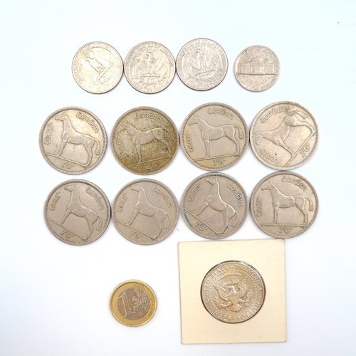 598 - A collection of eight Irish half crowns, together with a mint 1964 Silver  Kennedy half dollar. And ... 