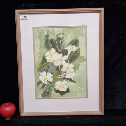 108 - A lovely original watercolour on paper painting of white petunias on a green wash ground. Signed Mar... 