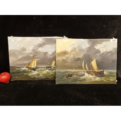 115 - Two original oil on canvas paintings featuring sweeping maritime scenes of boats of stormy seas, wit... 