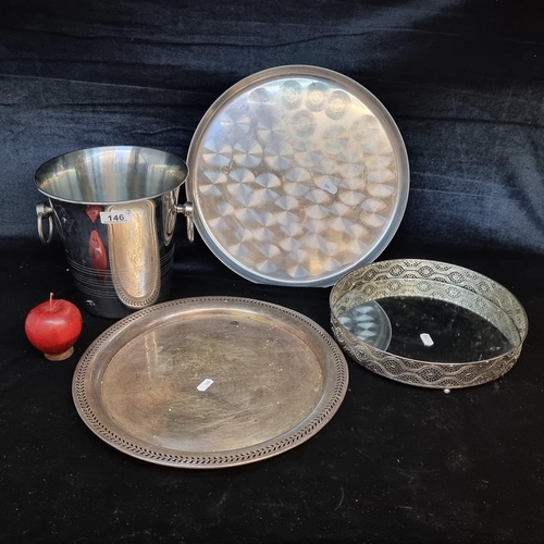 146 - Four white metal items including EPNS trays and a French Guy Degrenne champagne ice bucket.