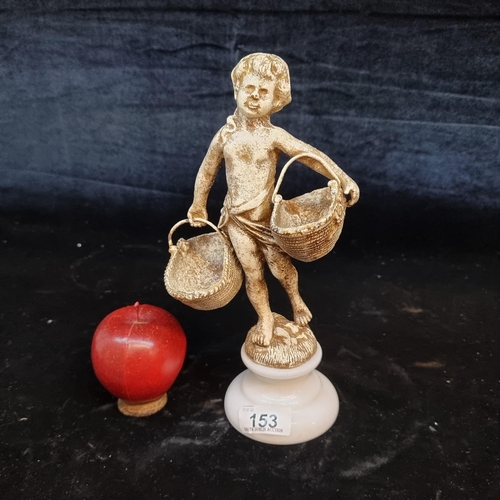 153 - A very heavy cast metal figure of a cherubic child carrying two large baskets after Suzanne Bizard (... 