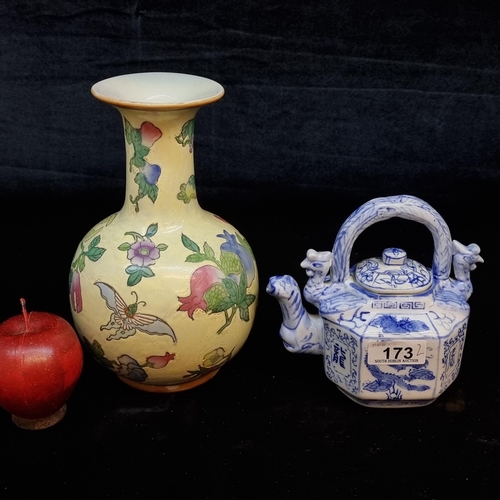 173 - Two vintage Chinese ceramic items including a primrose yellow glazed background vase with hand paint... 