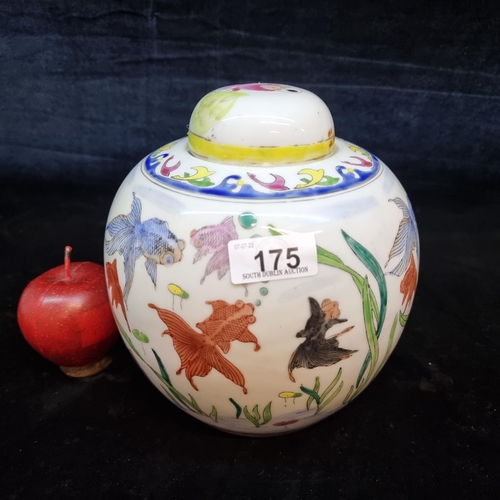 175 - A vintage Chinese porcelain ginger jar with hand painted colourful Koi pattern to bowl and Chinese s... 