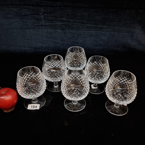 184 - Star LOT : A set of six large Waterford Crystal footed brandy balloon glasses in the Boyne pattern. ... 