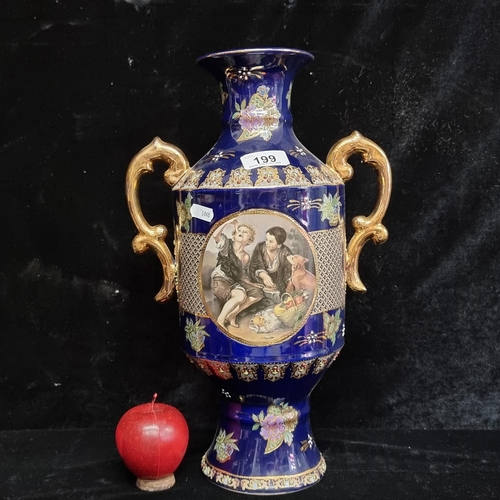 199 - An ornate large ceramic vase featuring delicate moriage detail, gilded accents and vignettes depicti... 