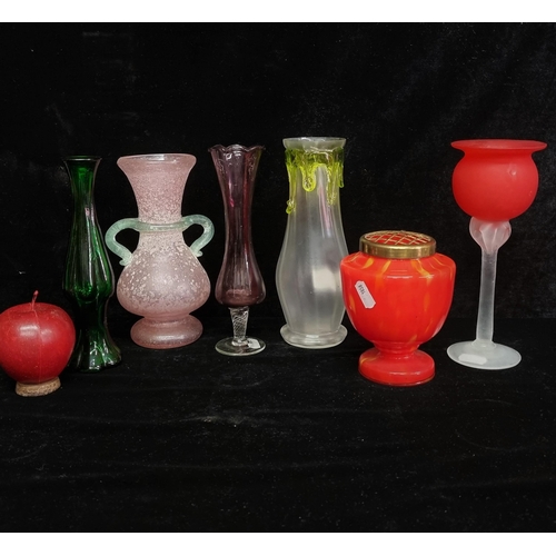 210 - A selection of six coloured art glass pieces including pink speckled classical style example, an ora... 