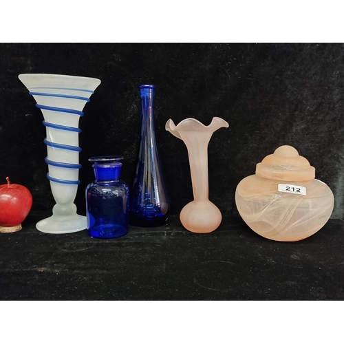 212 - A selection of five coloured art glass pieces including a Bristol blue medicine bottle, a a frosted ... 