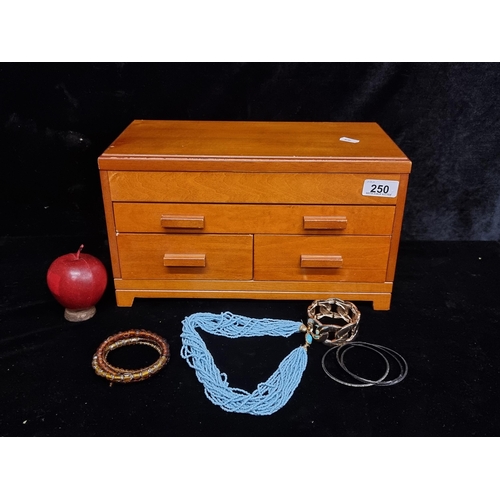 250 - A fabulous Mid Century Modern style wooden jewellery box with three drawers to front and hinged lid ... 