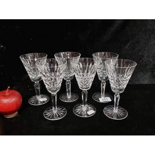 251 - A set of six vintage Waterford Crystal claret wine glasses in the Tramore pattern. One example is a ... 