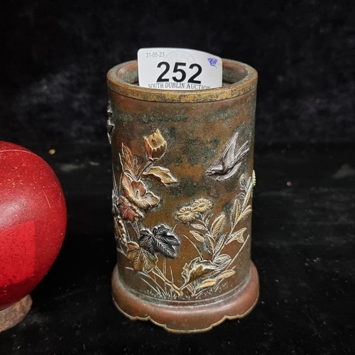 252 - Star Lot : A delightful Bronze Chinese brush pot, boasting beautiful flora and fauna motif to body i... 